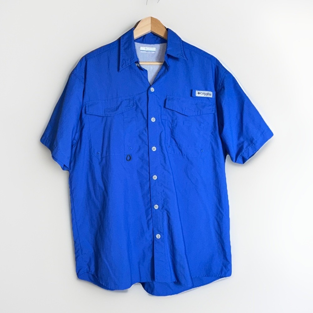 Columbia PFG Shirt Performance Fishing Gear Short Sleeve Blue Vented L